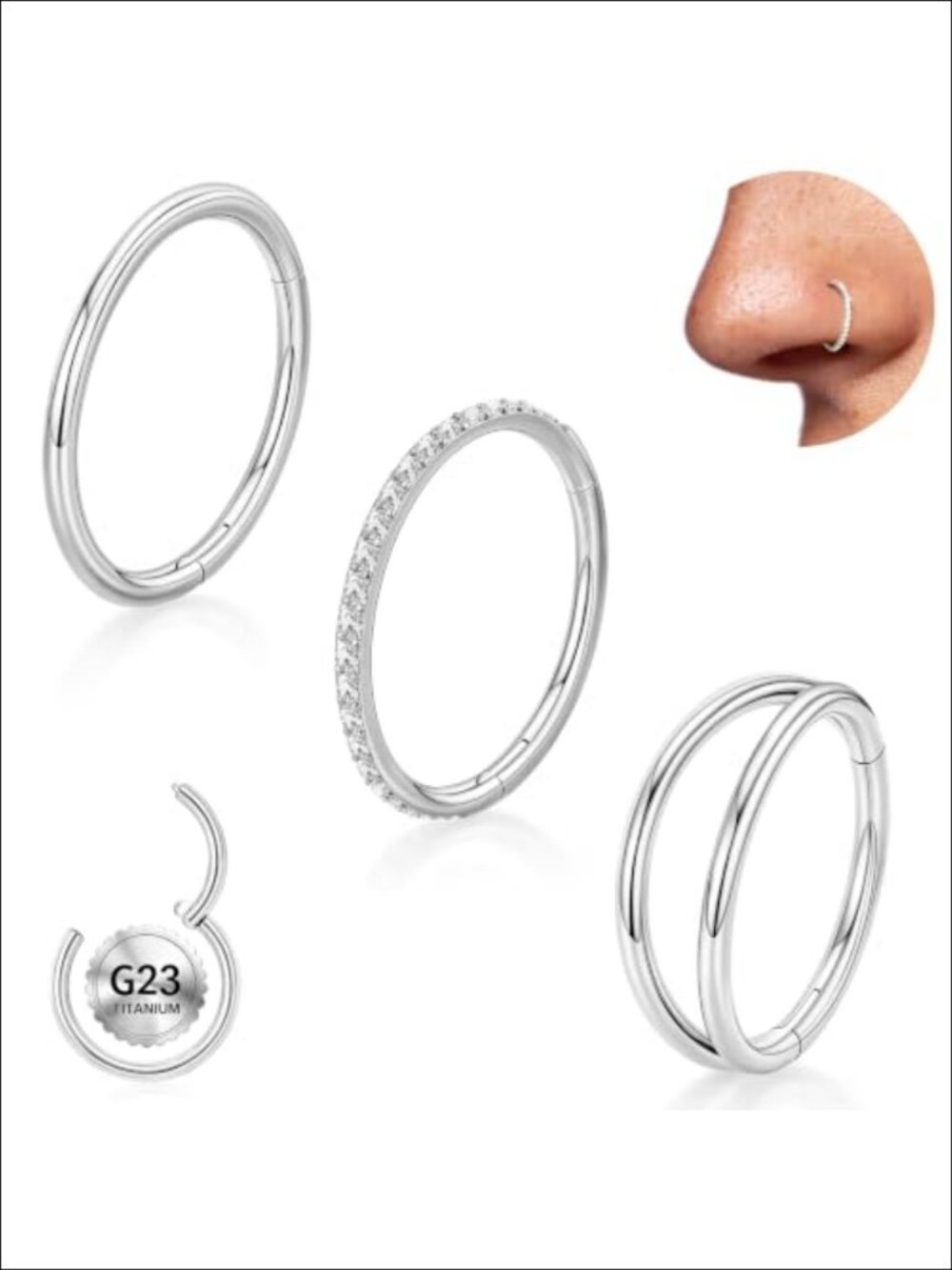Titanium Nose Ring Hoop Set 20G 18G Hypoallergenic Clicker